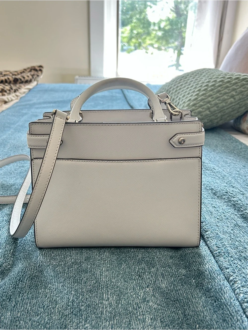kate spade white structured saffiano leather satchel with removable strap